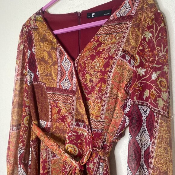 Leslie Fay Midi Faux Wrap Dress Womens Size 6 Wine Patchwork Career Office‎ - Picture 6 of 13